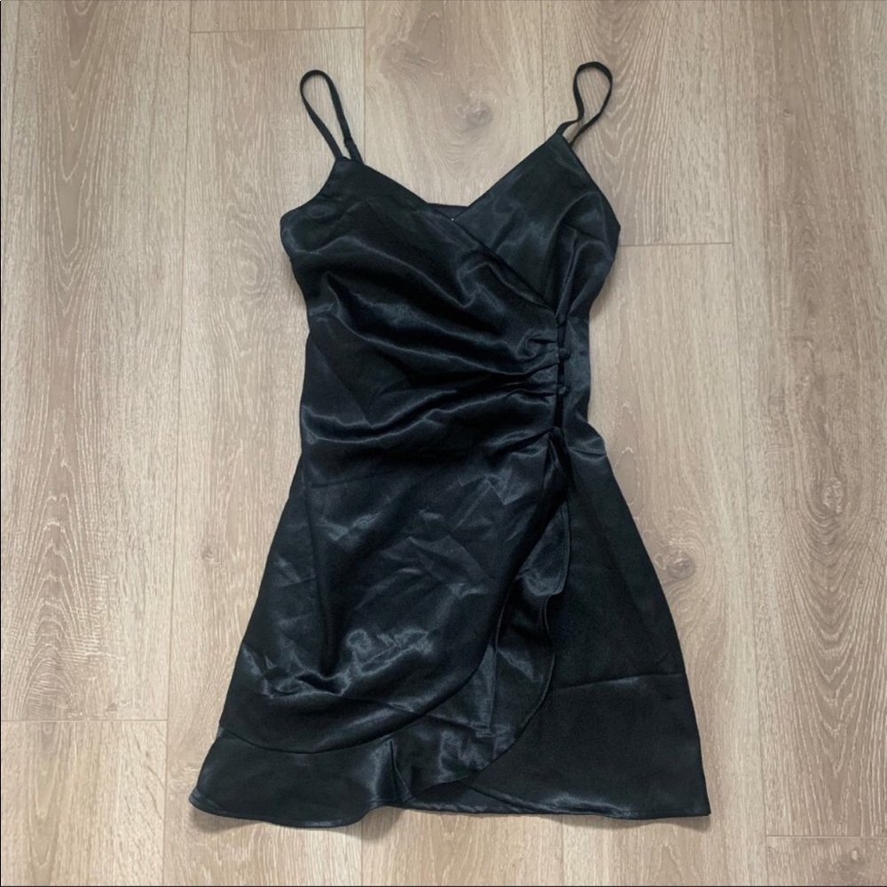 double icon black satin ruffle mini dress